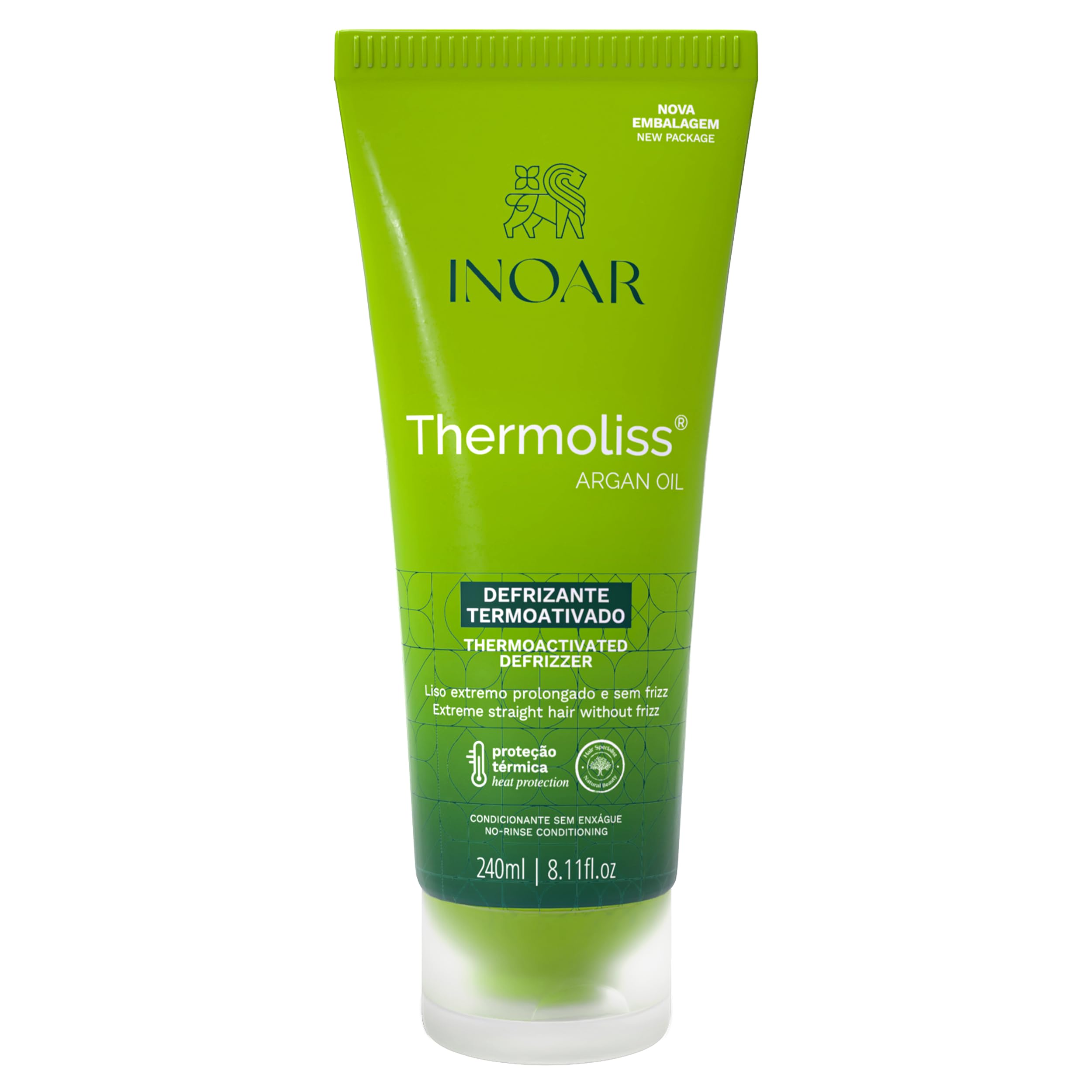 INOAR Argan Oil Thermoliss Balm bottle showing frizz-control formula for smooth hair