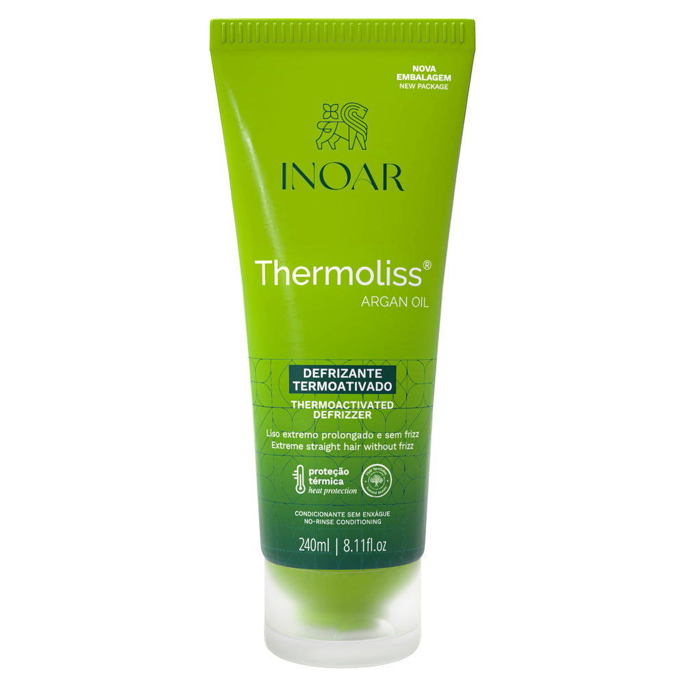 INOAR Argan Oil Thermoliss Balm bottle showing frizz-control formula for smooth hair