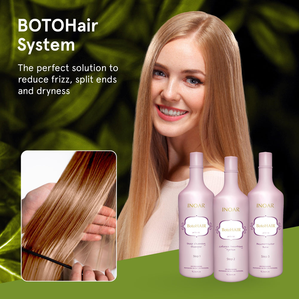 INOAR BotoHair Collagen Smoothing System bottle highlights keratin and collagen infusion for frizz control.