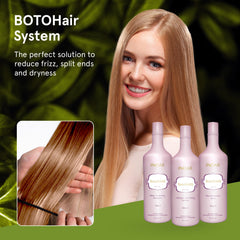 INOAR BotoHair Collagen Smoothing System bottle highlights keratin and collagen infusion for frizz control.
