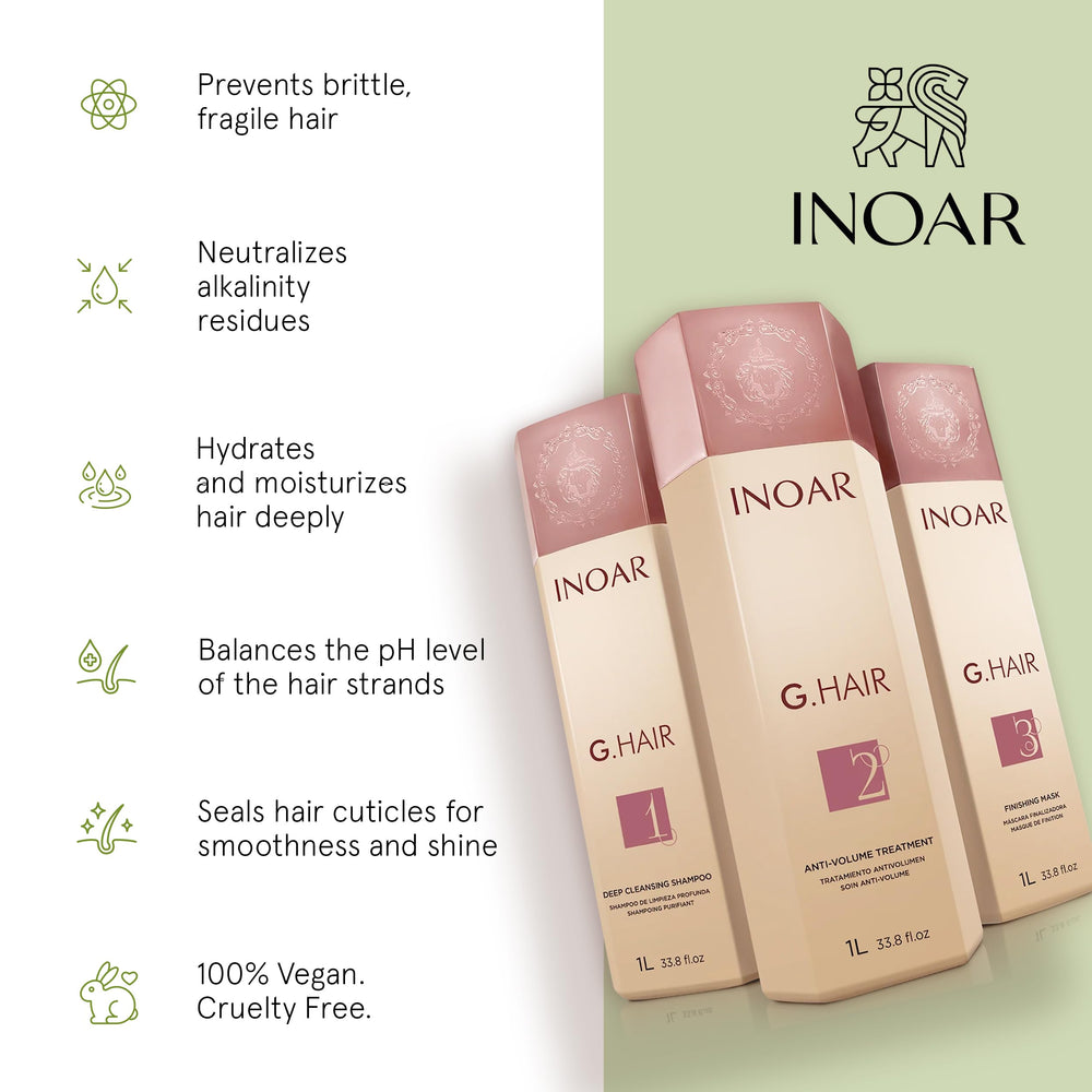 INOAR G.Hair Finishing Mask locks in moisture for lasting softness.