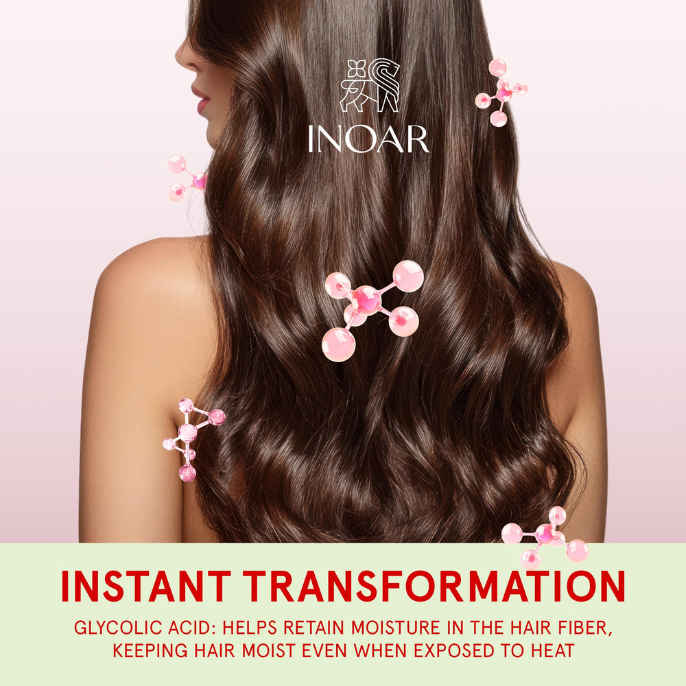 INOAR Glycolic Force bundle conditioner application shot emphasizes detangling benefits.