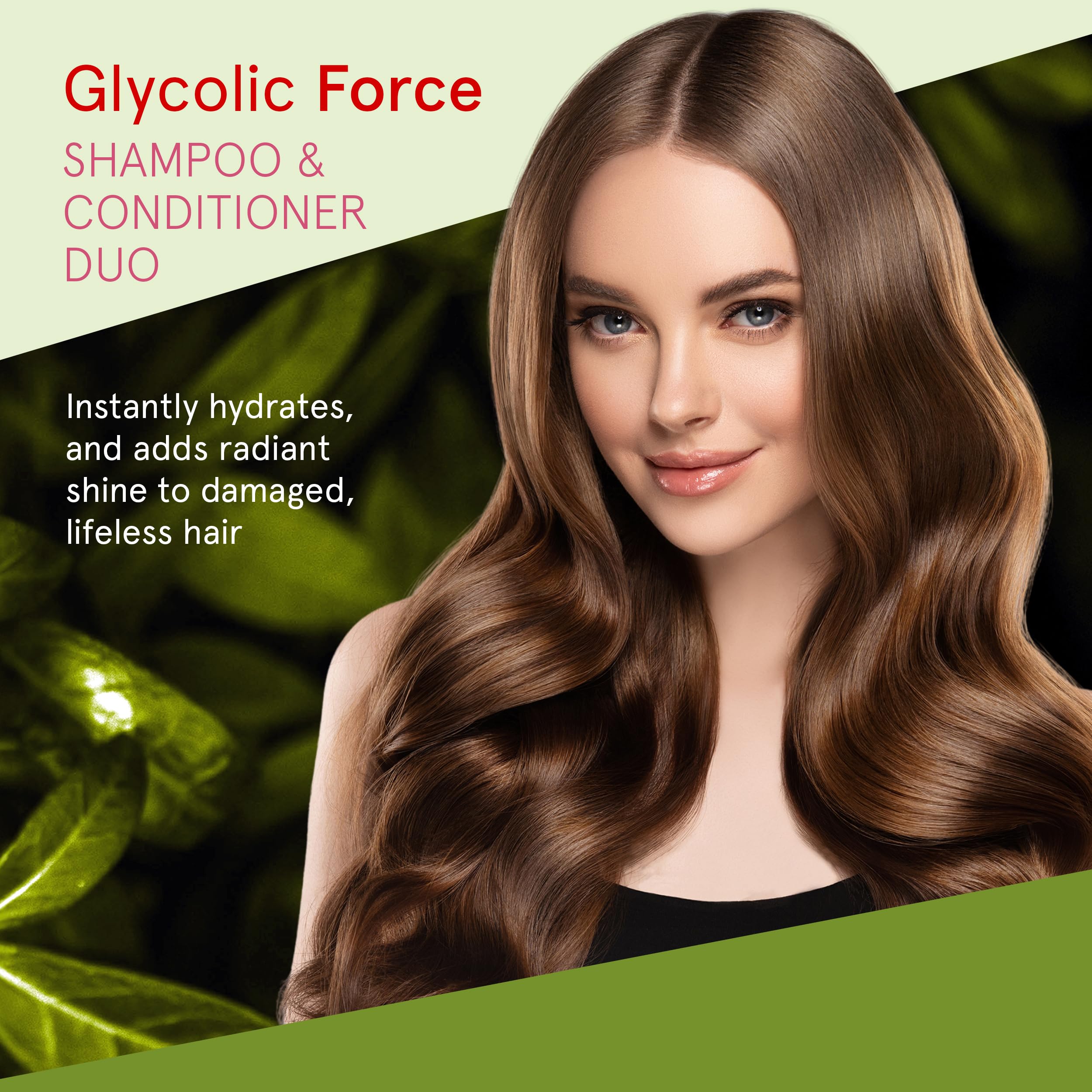 INOAR Glycolic Force bundle conditioner bottle smooths cuticles for silky finish.