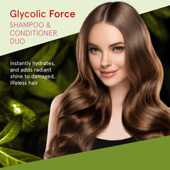 INOAR Glycolic Force bundle conditioner bottle smooths cuticles for silky finish.