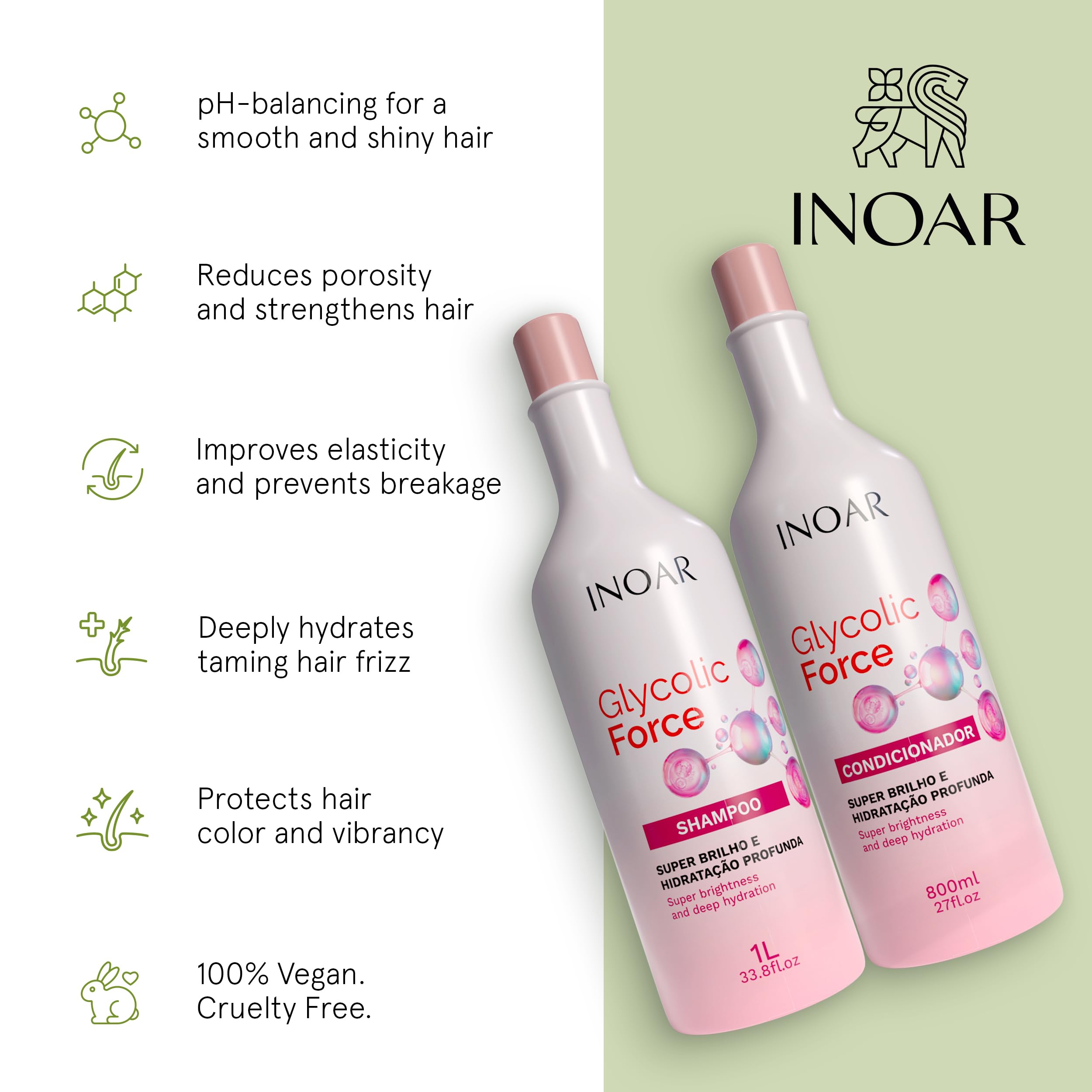INOAR Glycolic Force bundle packaging box showcases dual shampoo and conditioner kit.