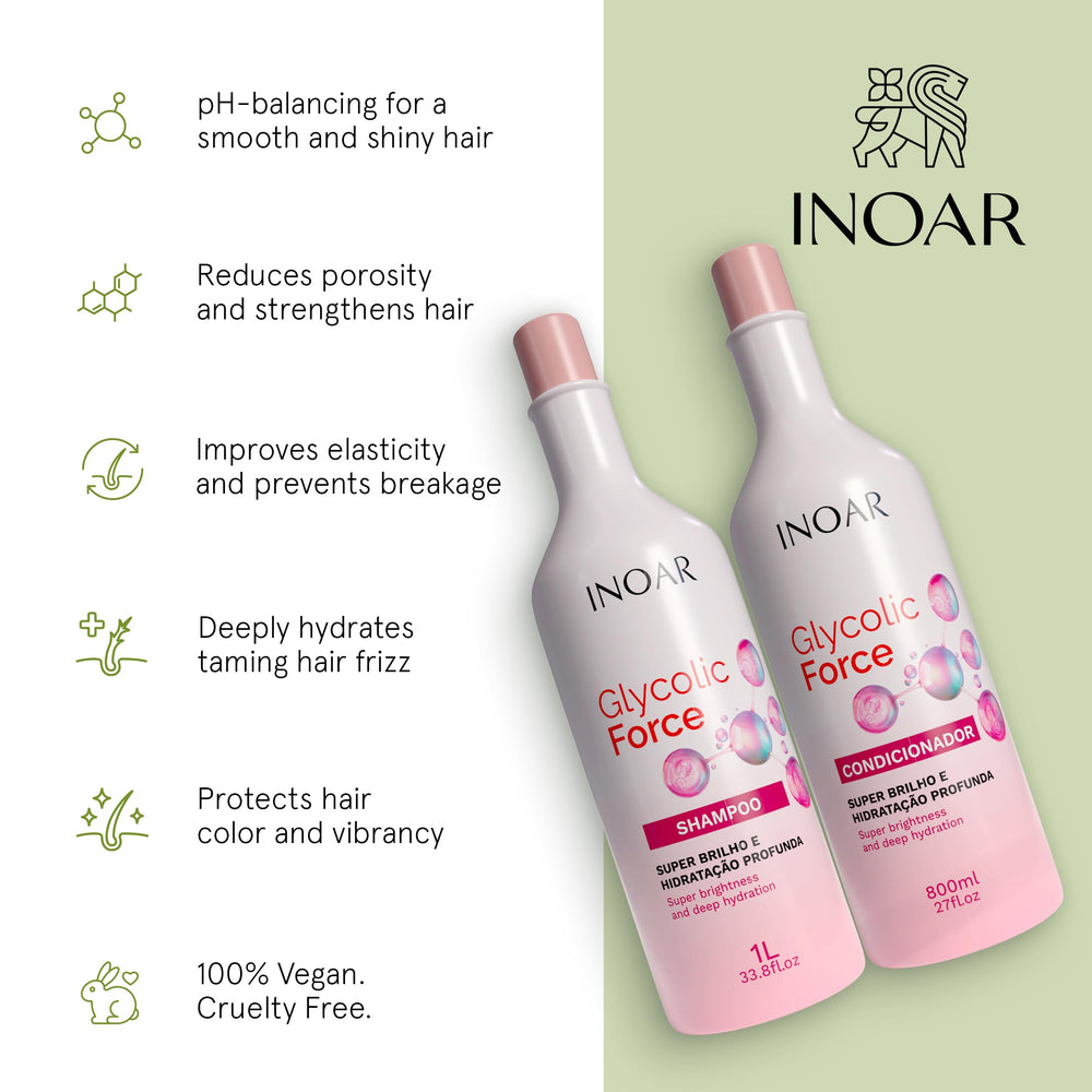 INOAR Glycolic Force bundle packaging box showcases dual shampoo and conditioner kit.