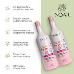 INOAR Glycolic Force bundle packaging box showcases dual shampoo and conditioner kit.