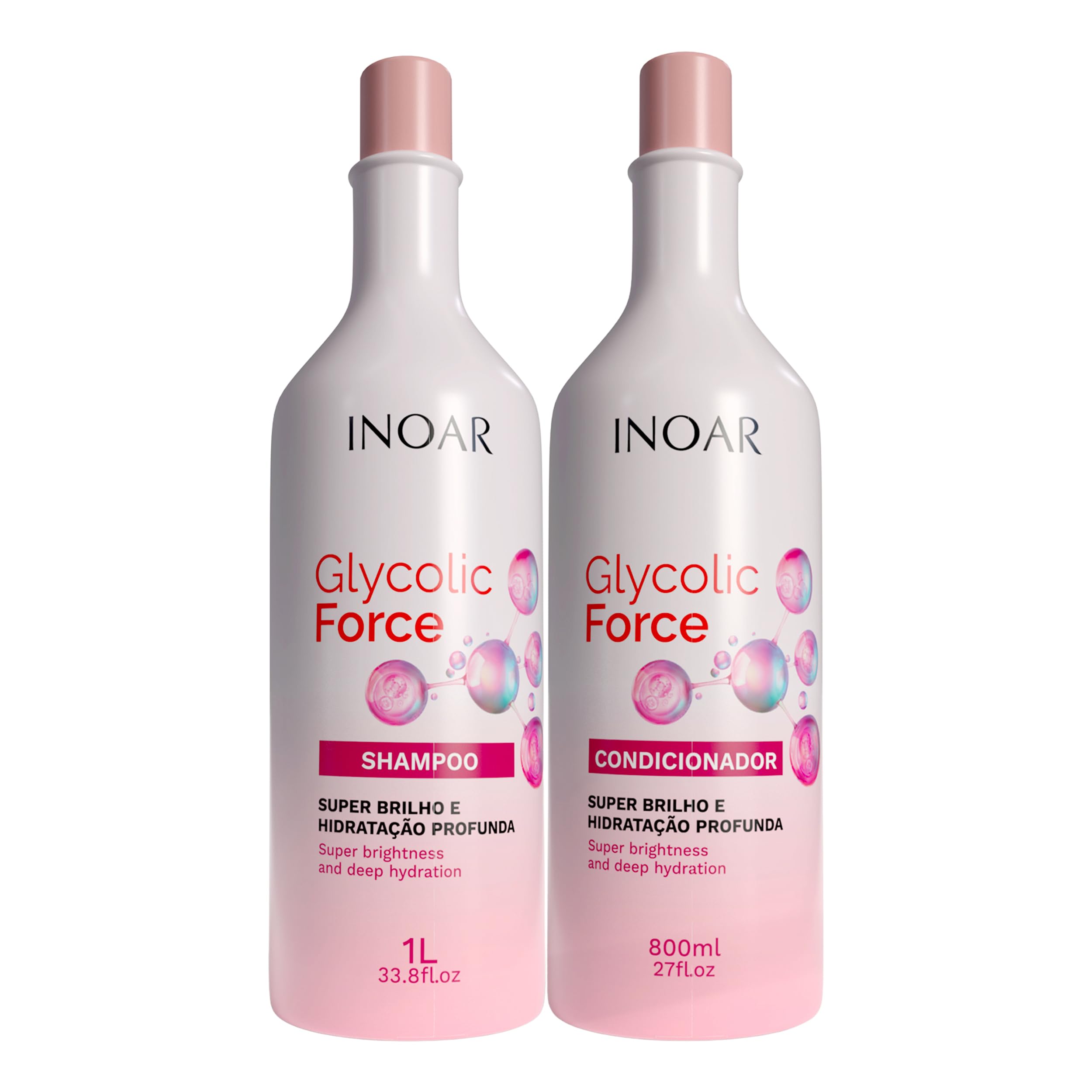INOAR Glycolic Force bundle shampoo bottle cleanses deeply and hydrates hair.