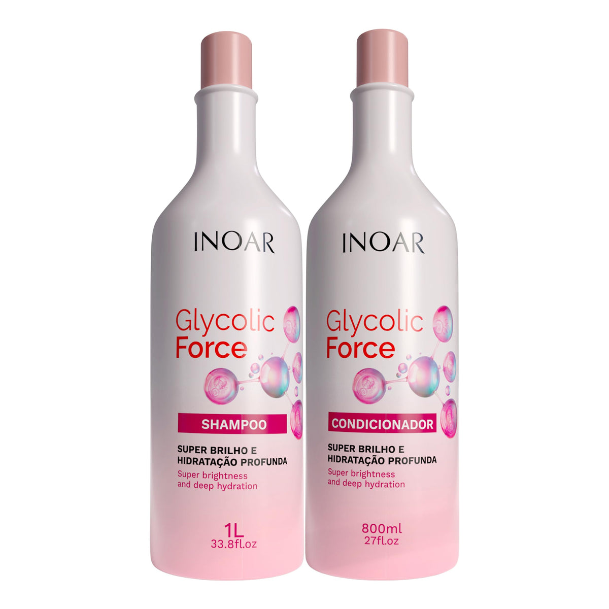 INOAR Glycolic Force bundle shampoo bottle cleanses deeply and hydrates hair.