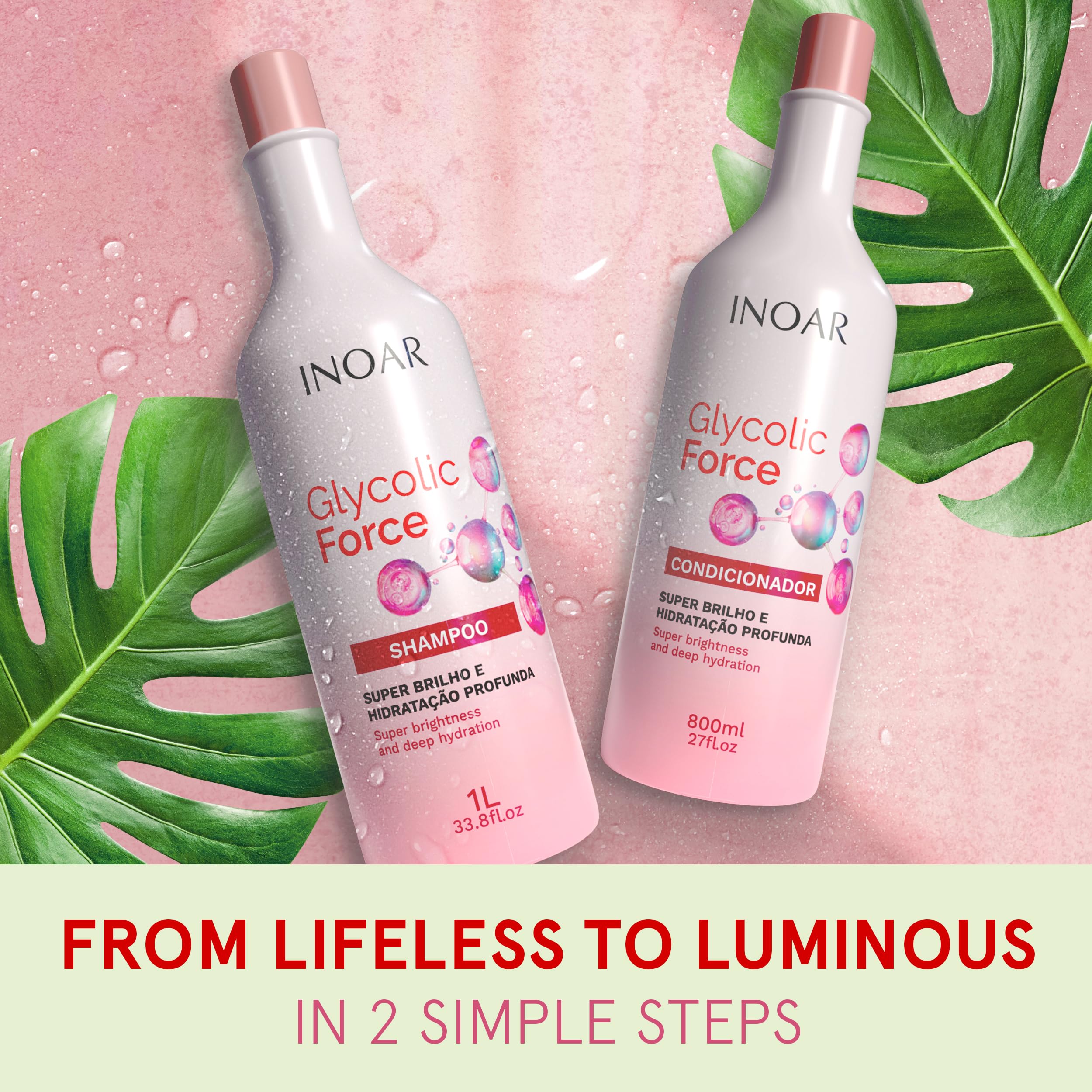INOAR Glycolic Force bundle shampoo lather closeup highlights rich cleansing foam.