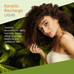 INOAR Keratin Recharge mist being dispensed for even coverage on hair.