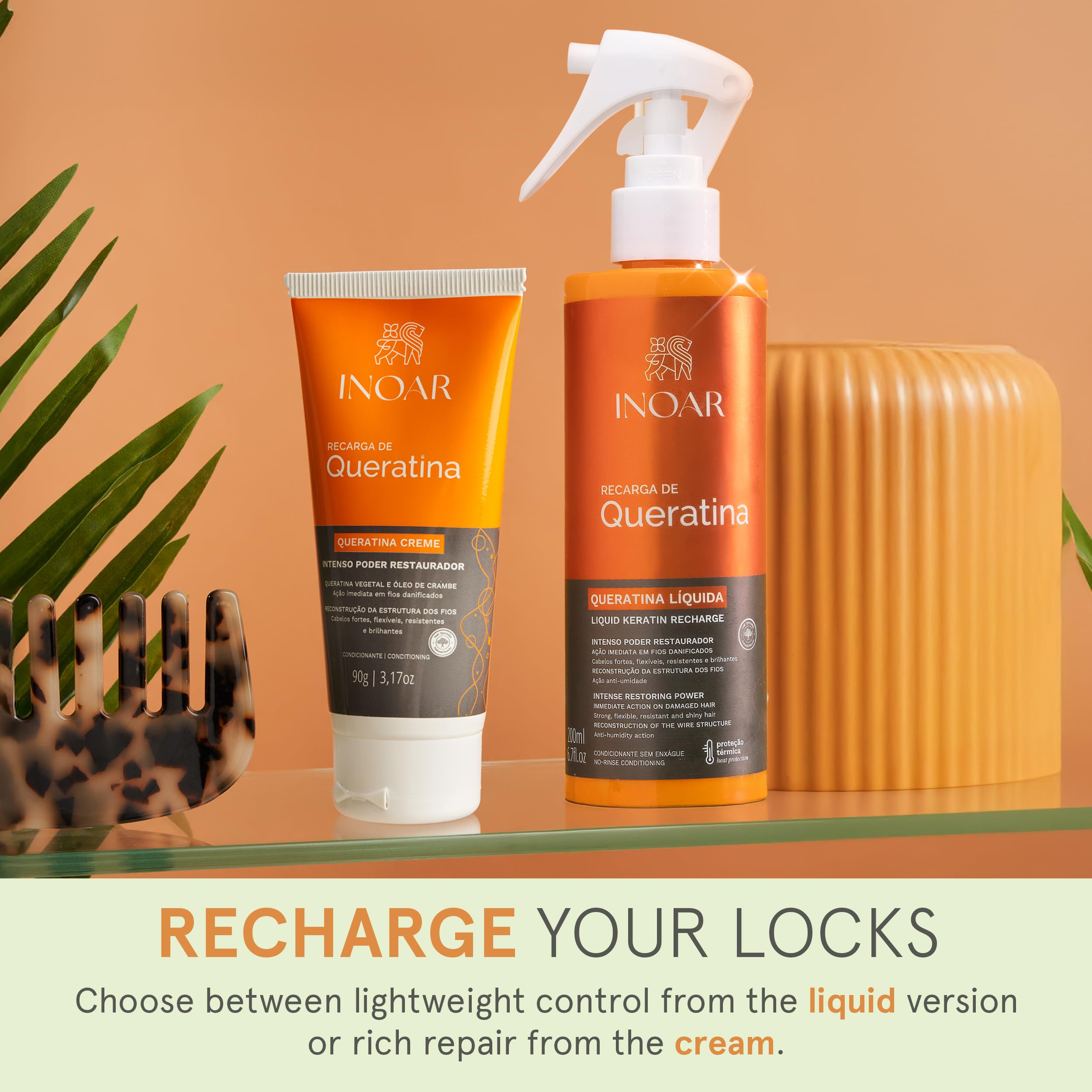 Shiny, soft-looking hair achieved with INOAR Keratin Recharge after use.