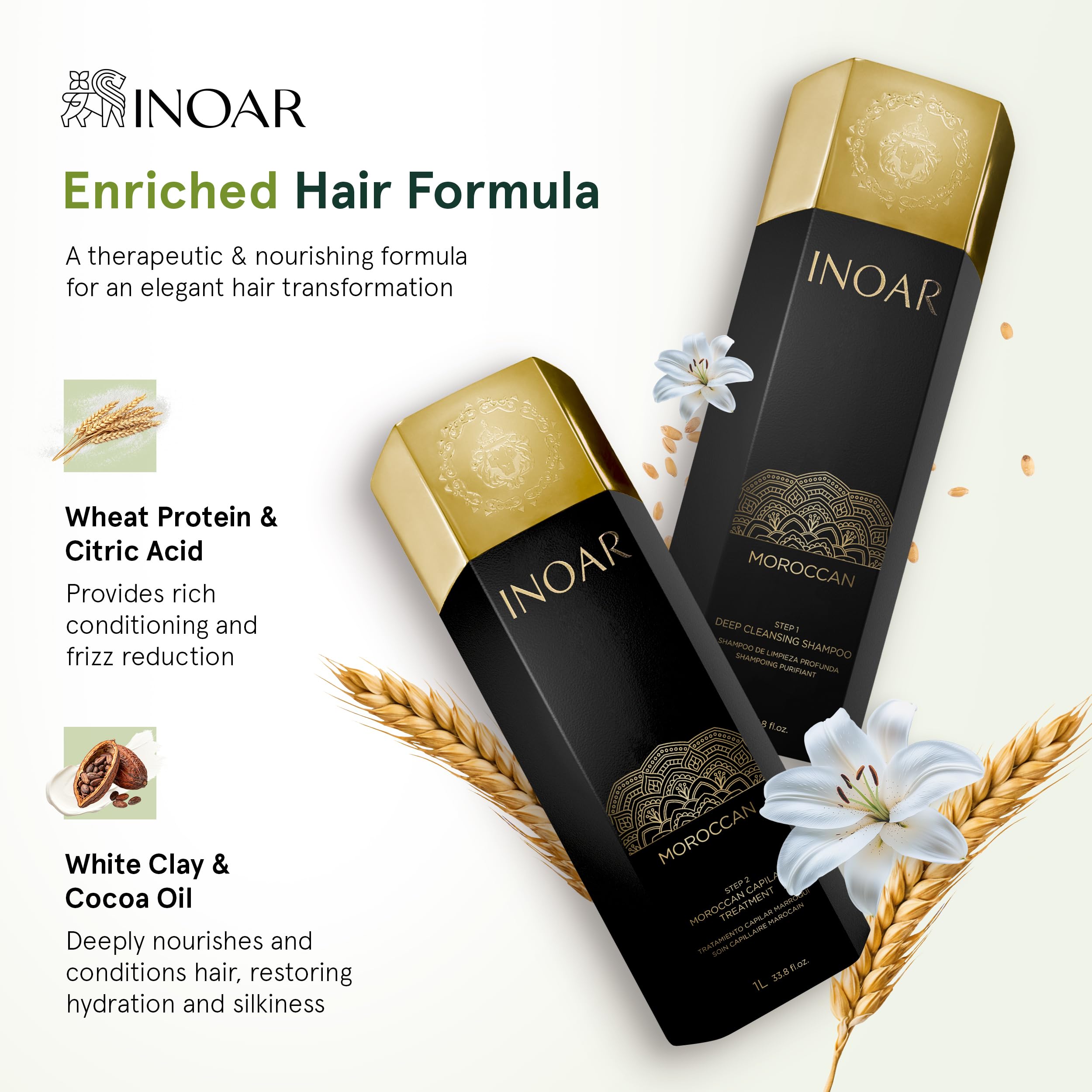 INOAR Step 2 cocoa oil detail hints at luxurious softness for hair.