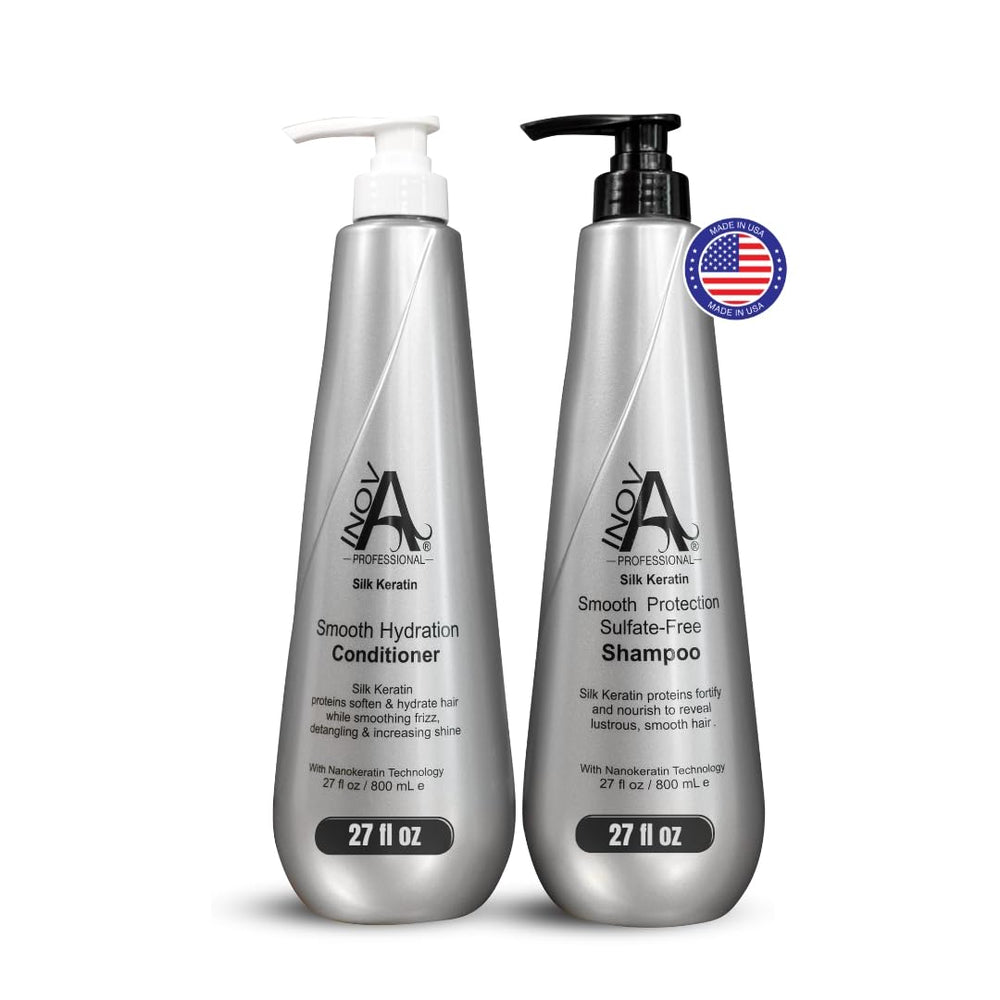 Inova Professional Silk Keratin Shampoo bottle showing frizz control and shine