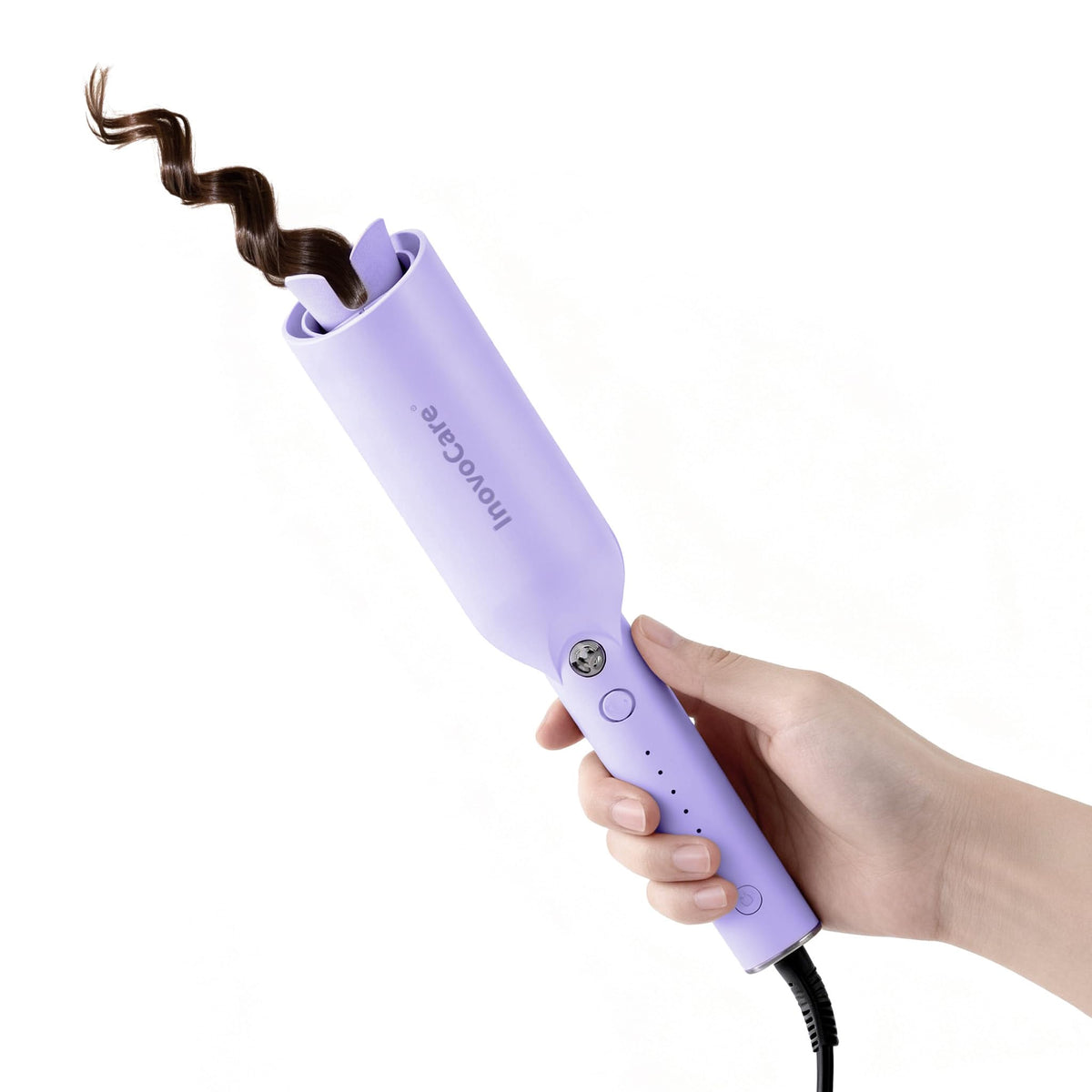 InovoCare CurlPro Plus long-barrel close-up for effortless curls with one-button control.