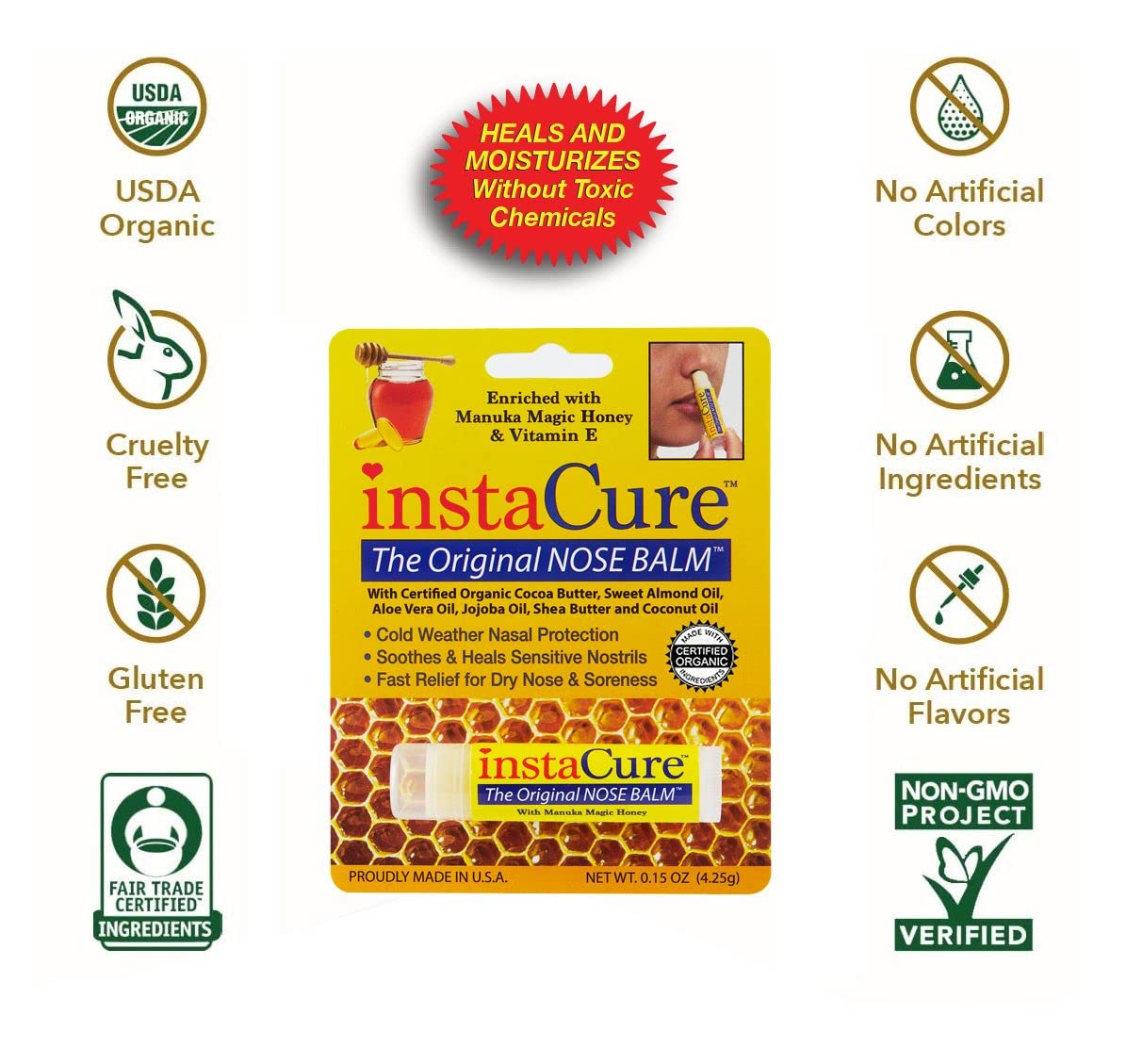 Instacure Nose Balm on nose demonstrating application