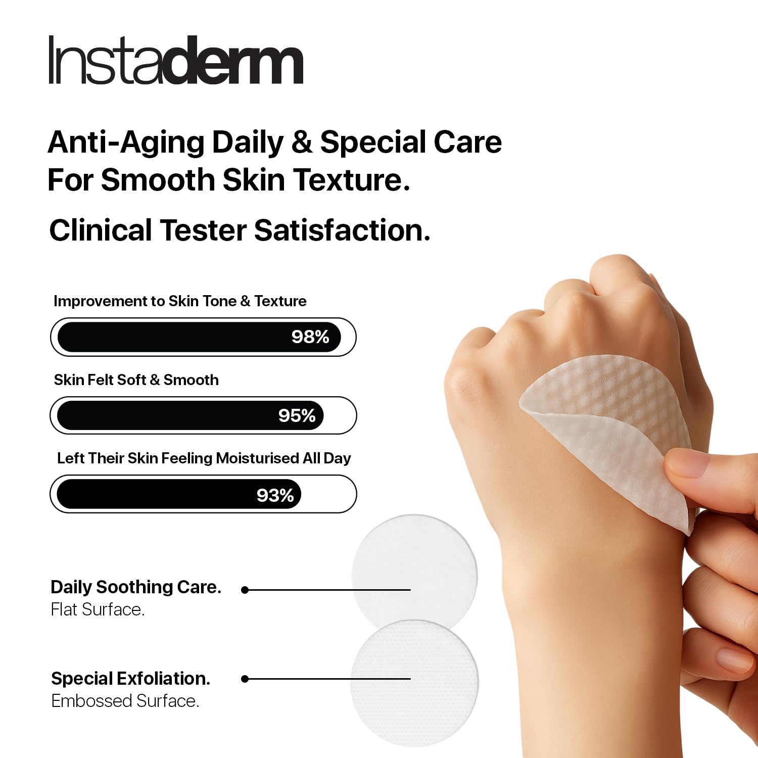 Instaderm Anti-Aging Resurfacing Pads exfoliation action demonstrating gentle pore refinement