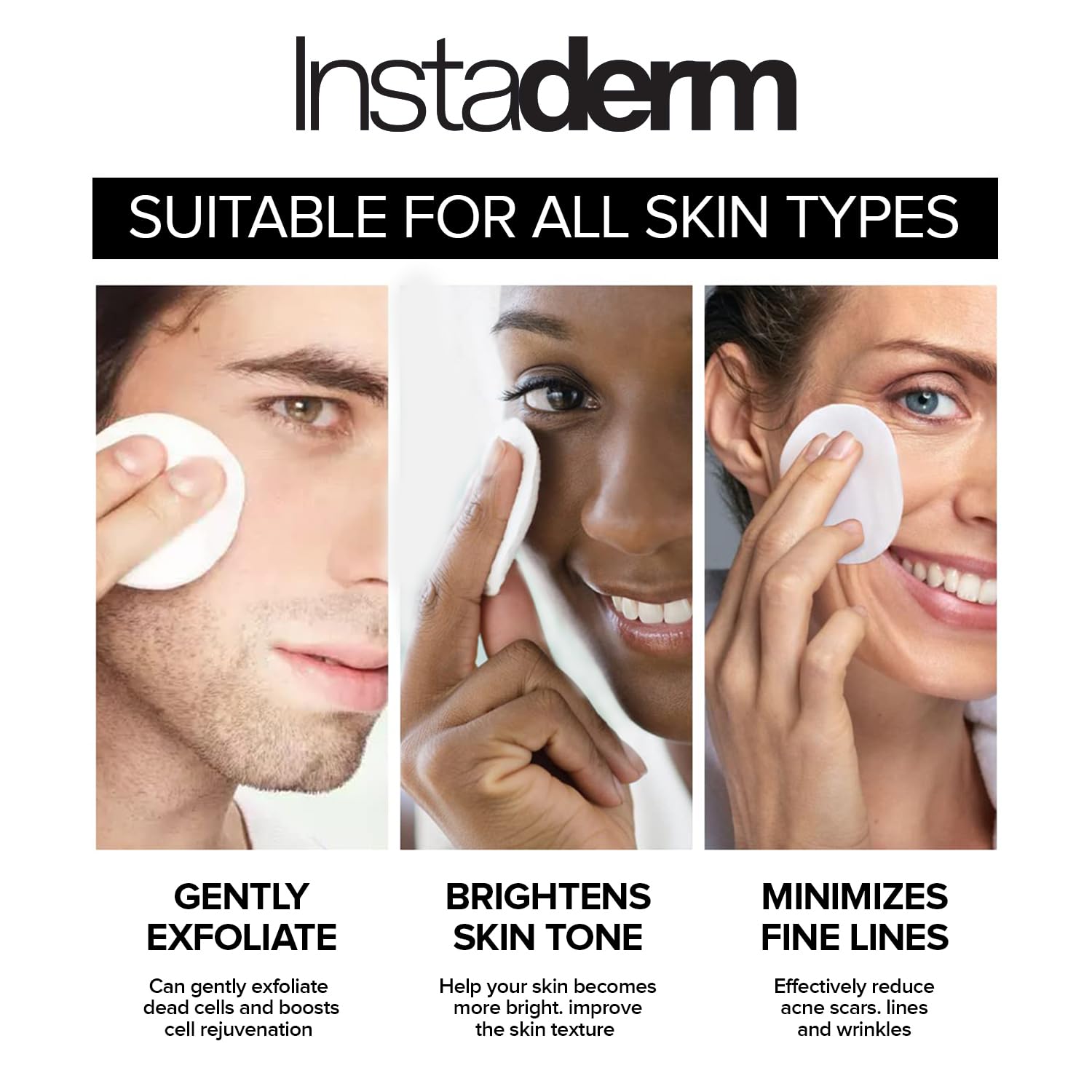 Instaderm Anti-Aging Resurfacing Pads guiding a simple routine step-by-step