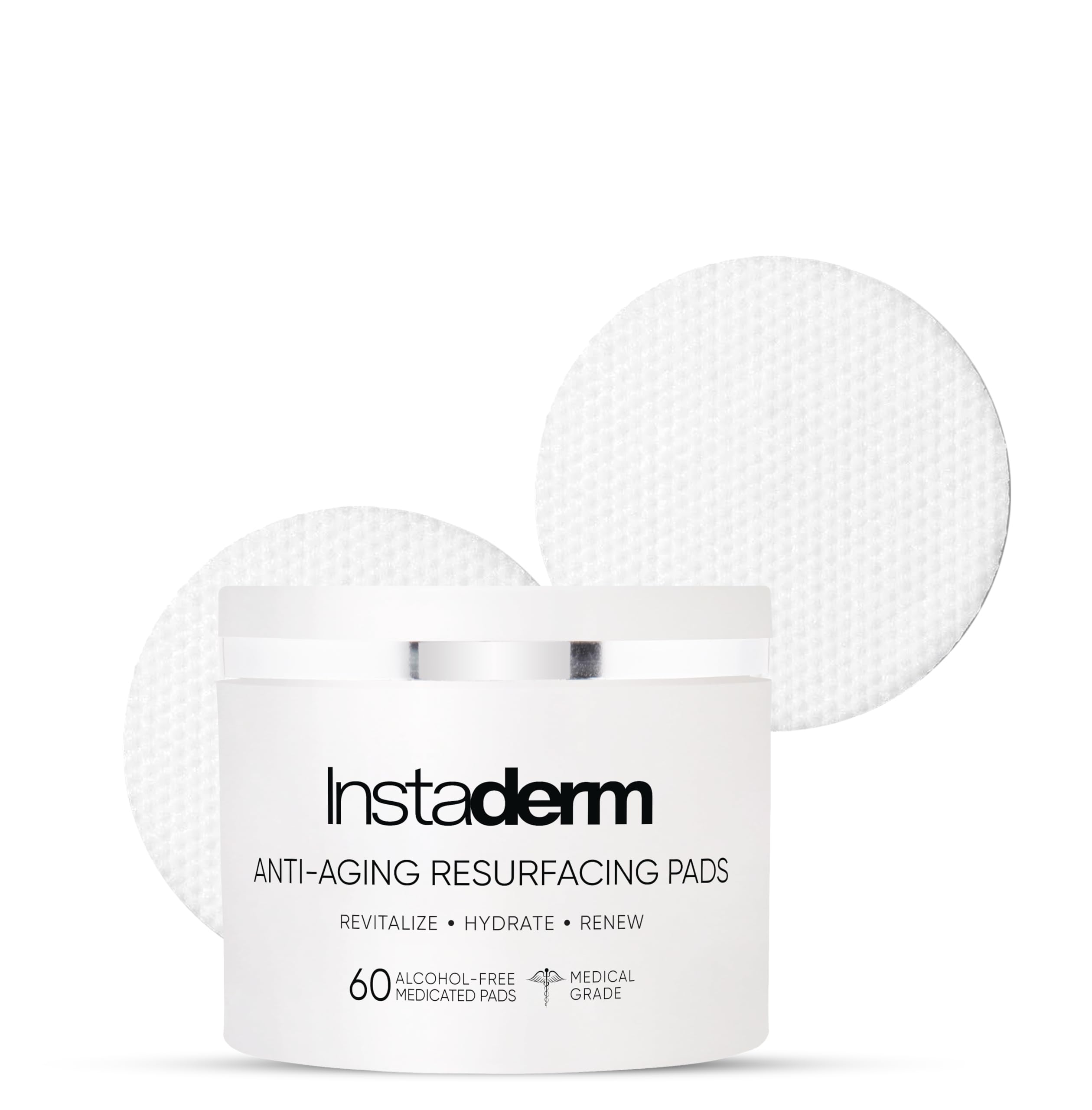 Instaderm Anti-Aging Resurfacing Pads packaging highlighting premium skincare for daily use