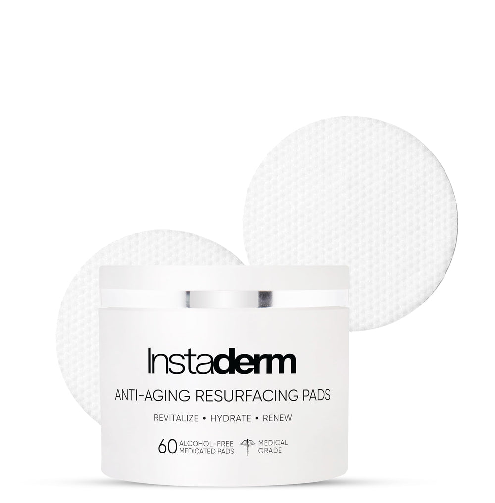 Instaderm Anti-Aging Resurfacing Pads packaging highlighting premium skincare for daily use