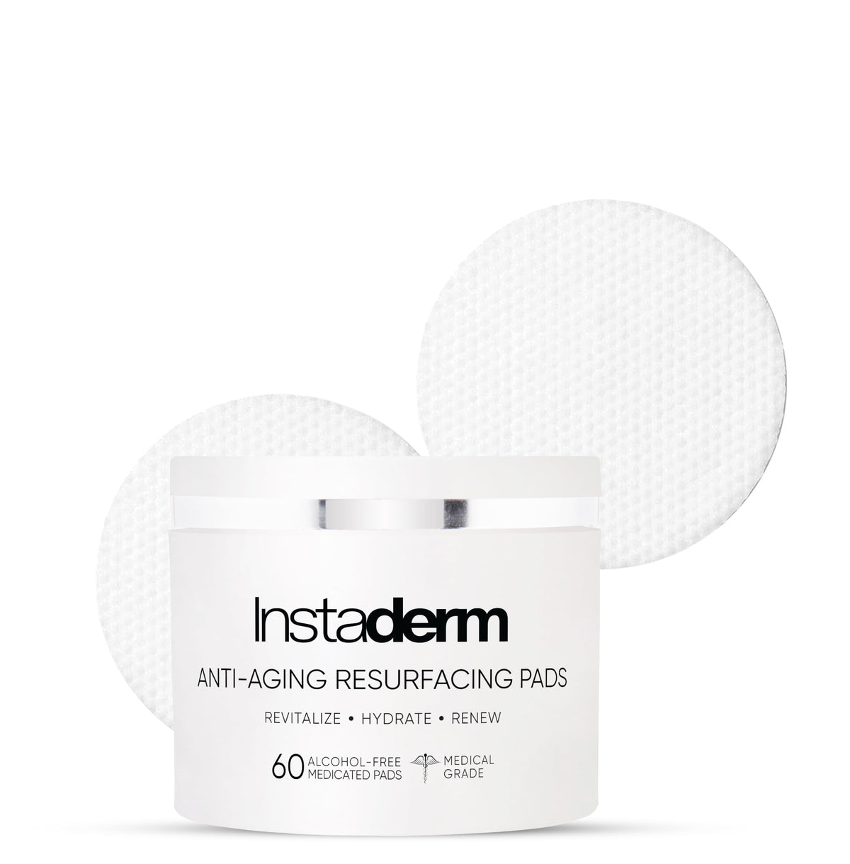 Instaderm Anti-Aging Resurfacing Pads packaging highlighting premium skincare for daily use