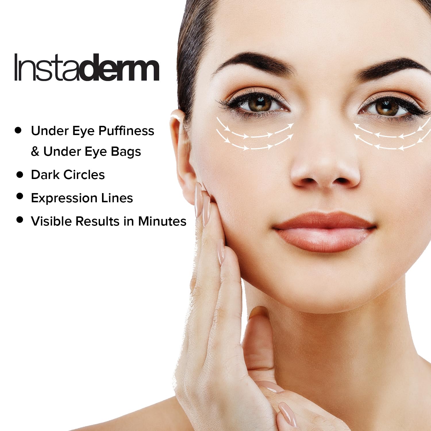 Before-after comparison with Instaderm Tightener shows lift and brighten.