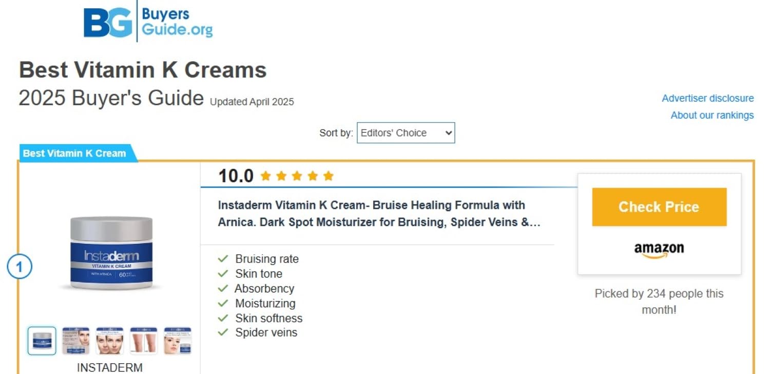 Instaderm Vitamin K Cream Arnica bottle highlights anti-bruising benefits.