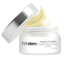 Instaderm Vitamin K Cream jar shows bruise-healing formula for smoother skin.