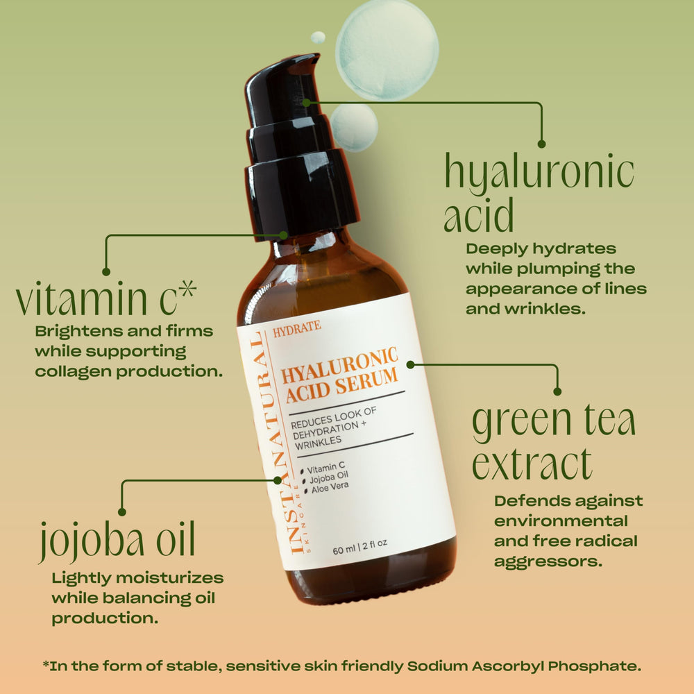 InstaNatural Hyaluronic Acid Serum applied to the hand for hydration