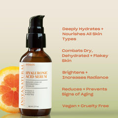 InstaNatural Hyaluronic Acid Serum ingredients featuring vitamin C, jojoba oil, and aloe