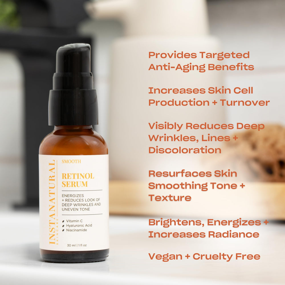Texture close-up of InstaNatural Retinol Serum showing a lightweight, fast-absorbing formula.