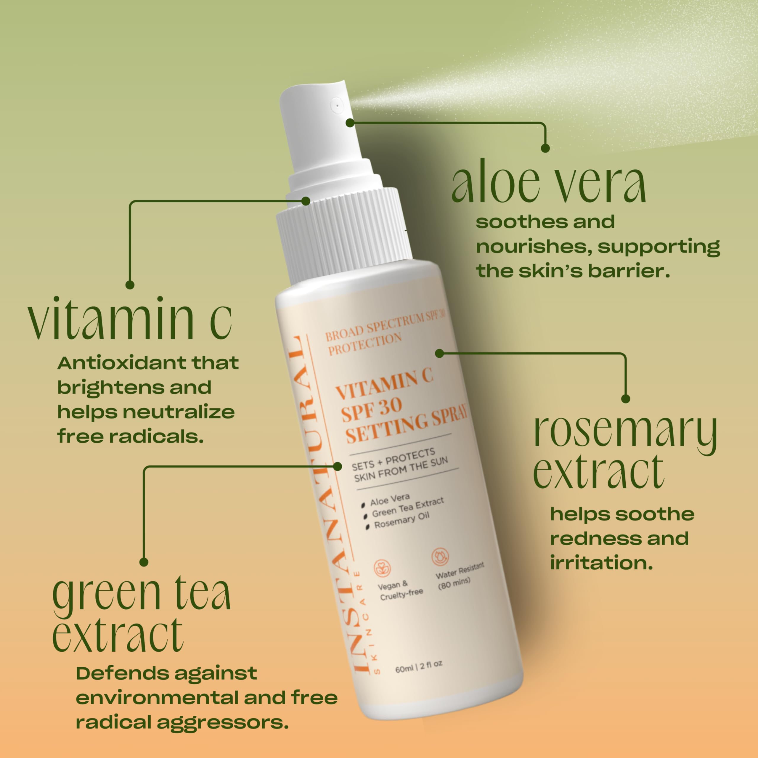 InstaNatural SPF30 broad-spectrum protection mist shields skin from UV rays