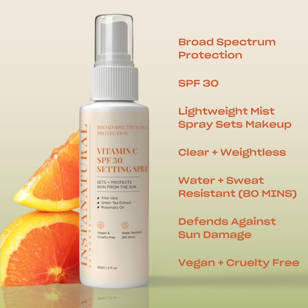 InstaNatural clear mist sunscreen setting spray in use for makeup hold