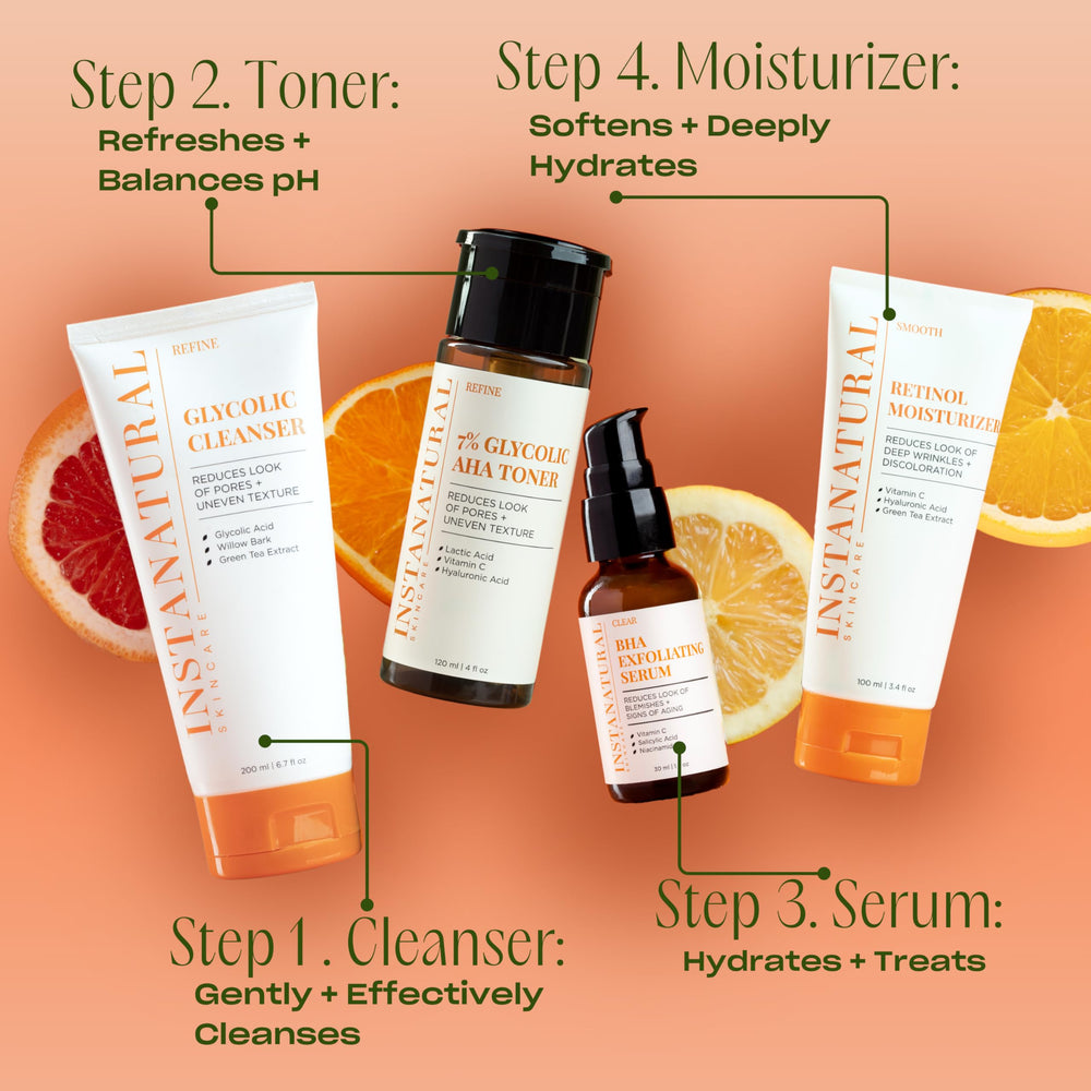 InstaNatural night routine scene on vanity suggests evening skincare ritual.