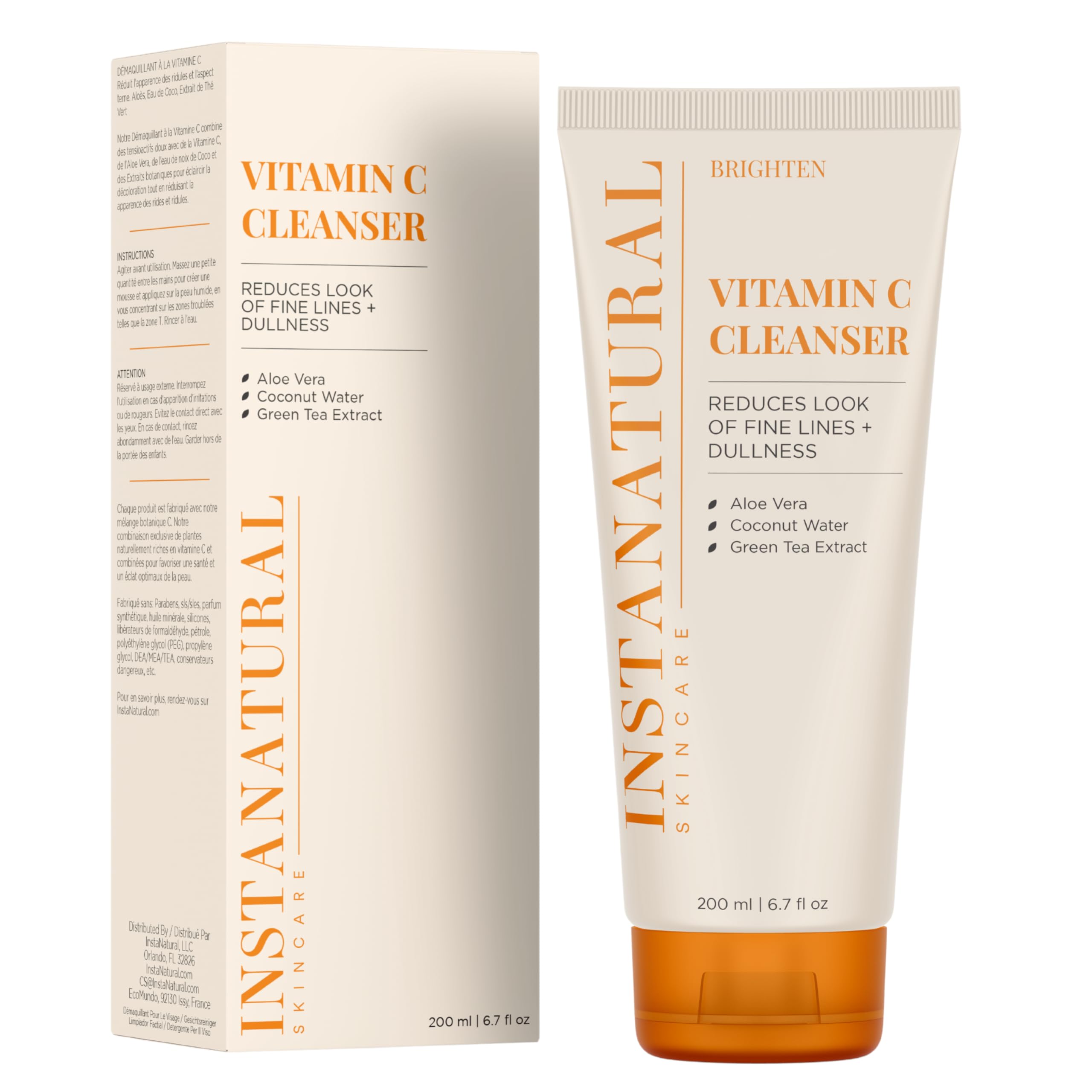 InstaNatural Vitamin C Cleanser ingredients close-up highlights coconut water and aloe for gentle cleansing.