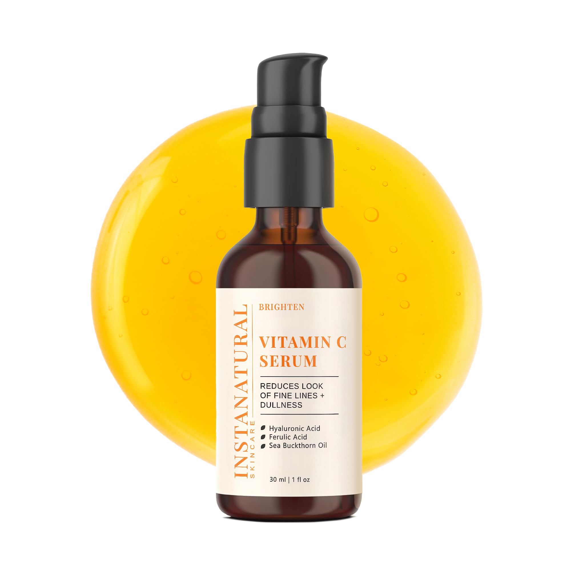 InstaNatural Vitamin C Serum bottle with pump demonstrates brightening benefits.