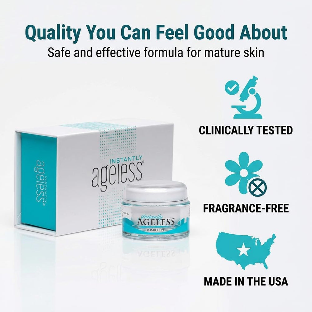Instantly Ageless close-up bottle demonstrates fast absorption and smoothing on skin.