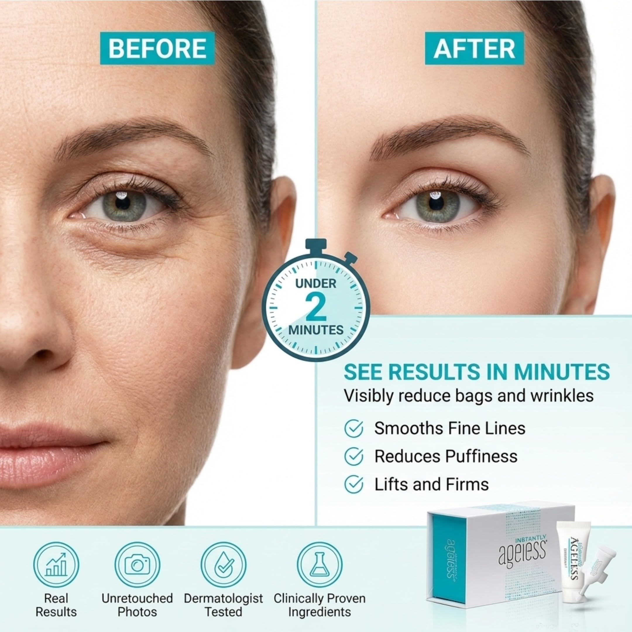 Instantly Ageless Eye Treatment peptides tube close-up for brightened under-eye area.