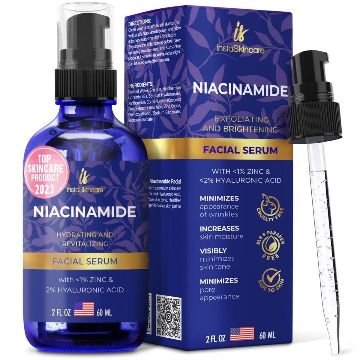 InstaSkincare Niacinamide Serum 2oz bottle for daily brightening and hydration.