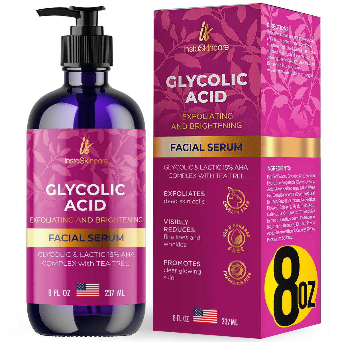 Sérum InstaSkincare Glycolique 15% en bouteille de 8 oz, prêt pour une peau lumineuse.