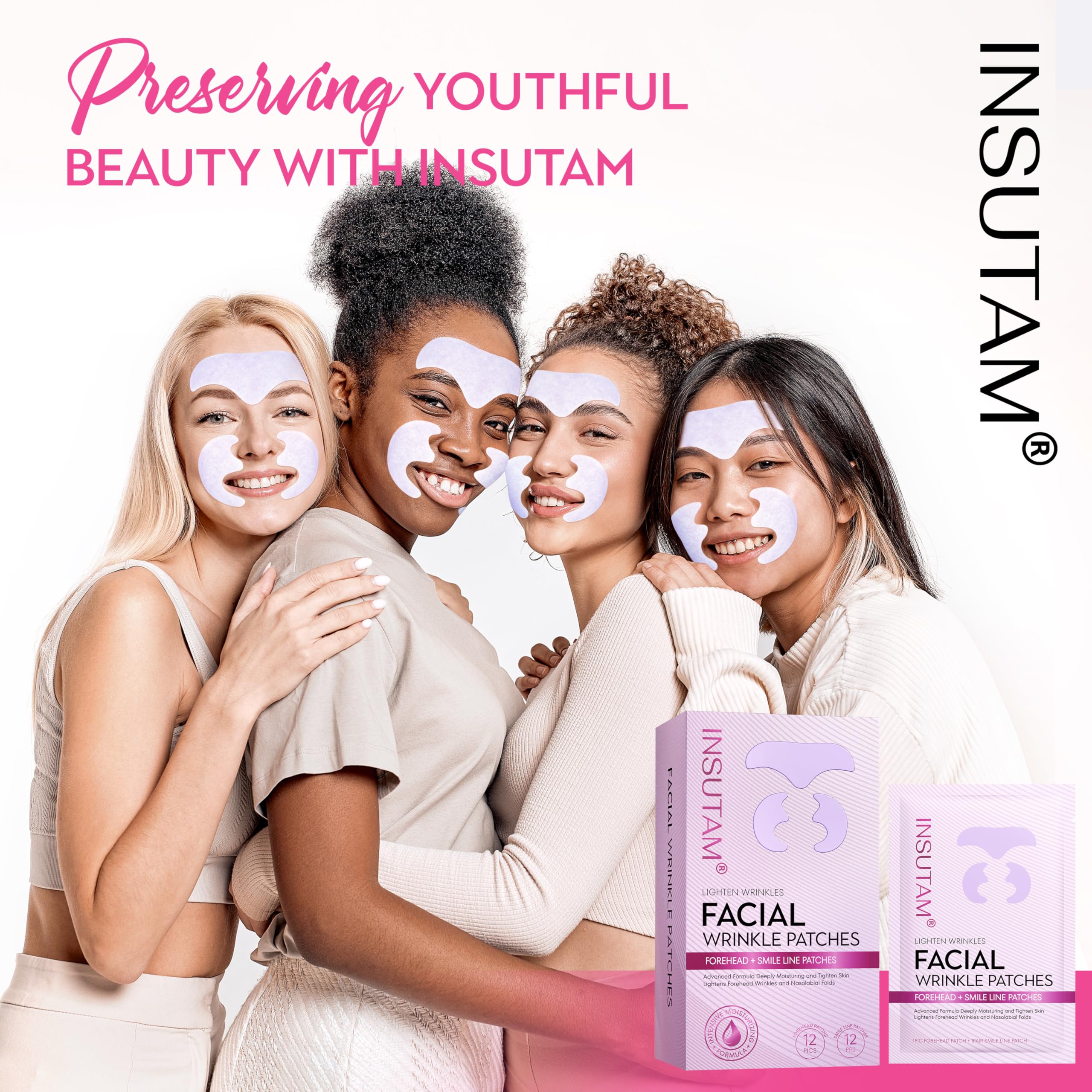 Insutam forehead patches in use with refined texture and glow.