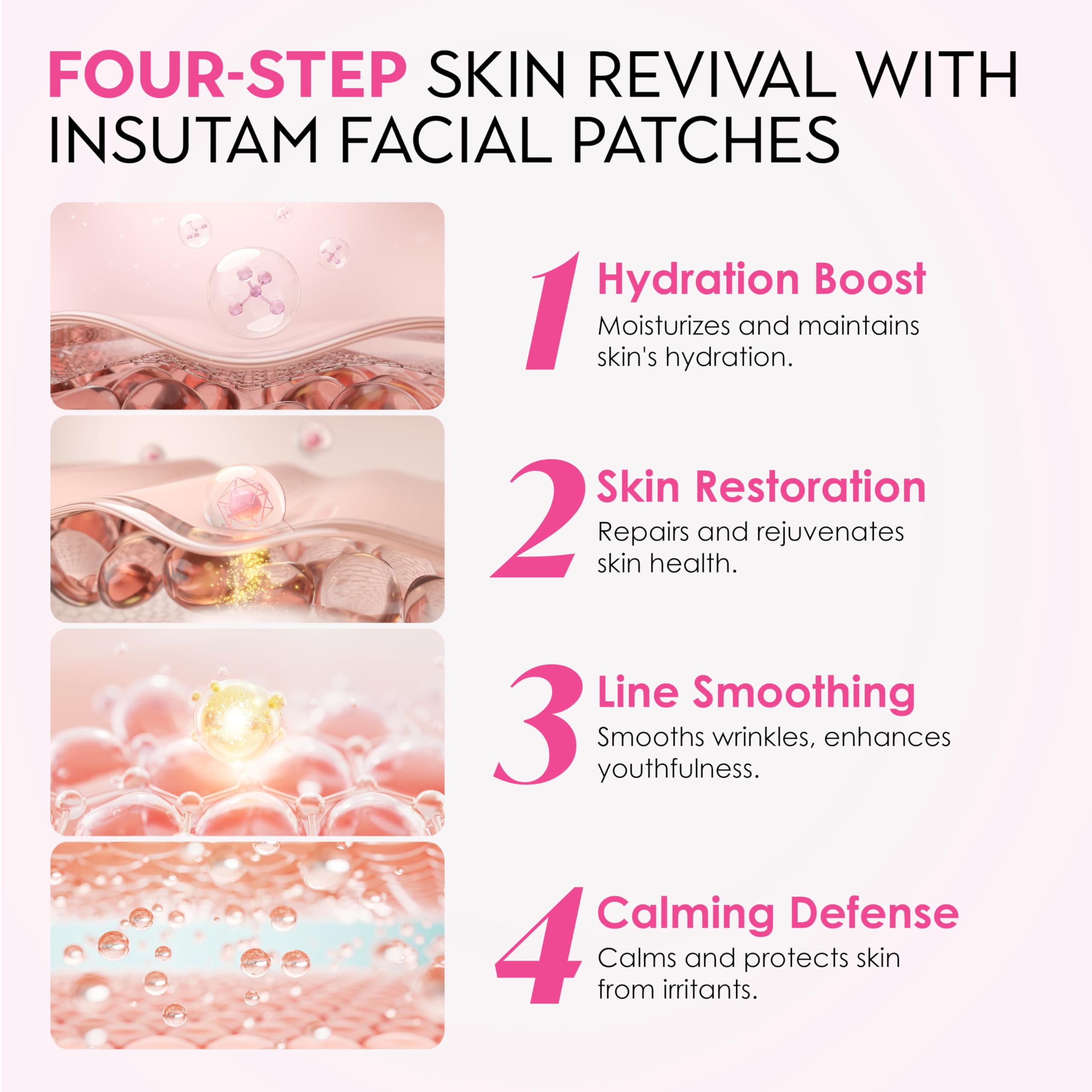 Close-up of Insutam hydrogel patches smoothing fine forehead lines.
