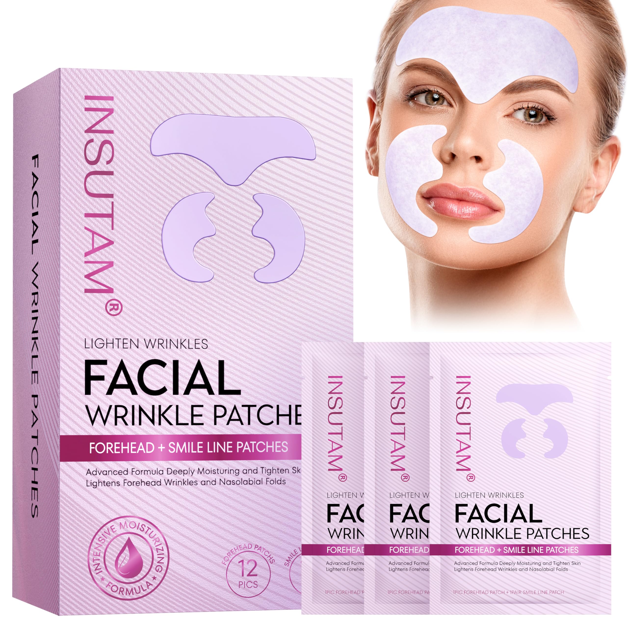 Insutam forehead wrinkle patches packaging for easy at-home anti-aging care.