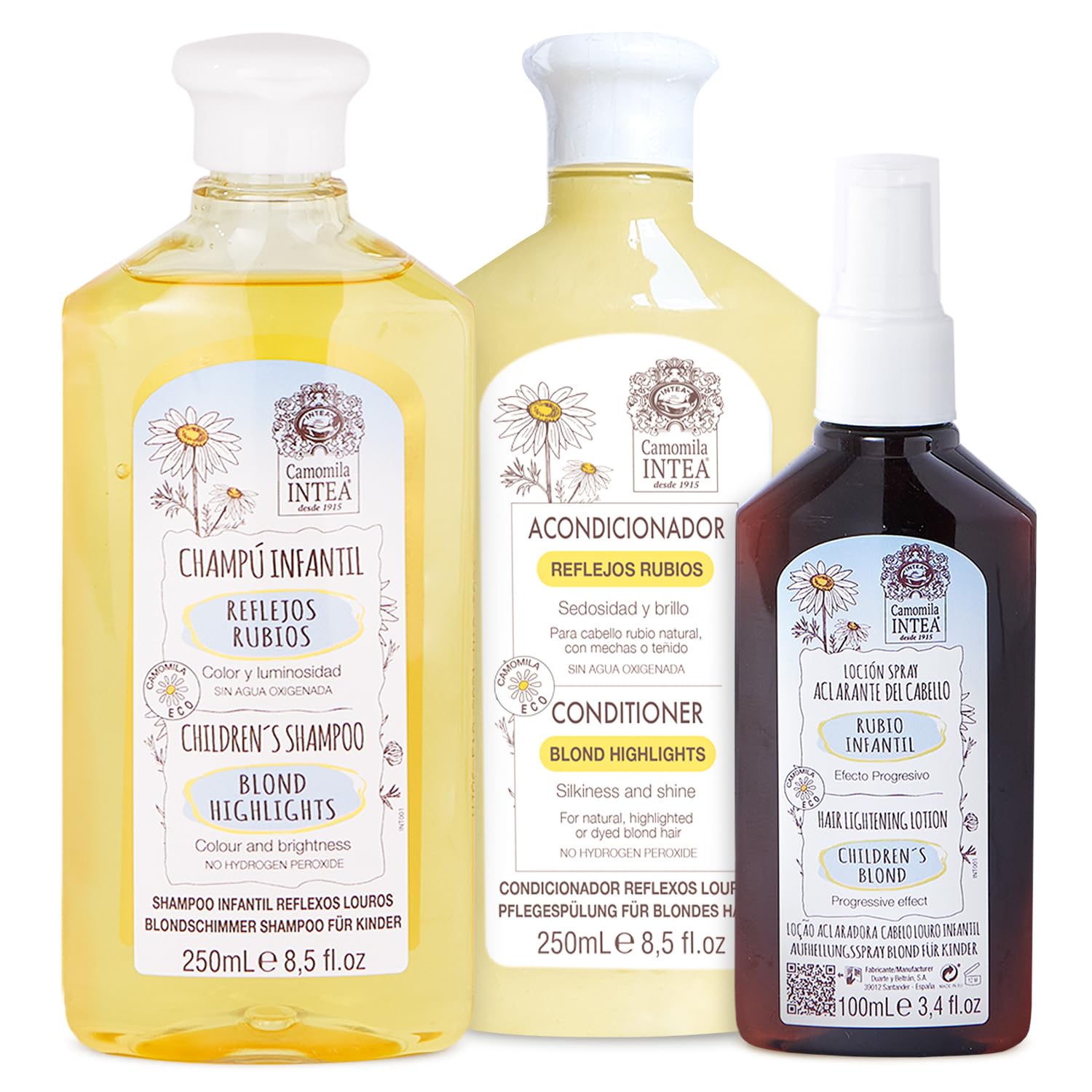 Intea Kids chamomile shampoo bottle for gentle cleansing and lightening support.