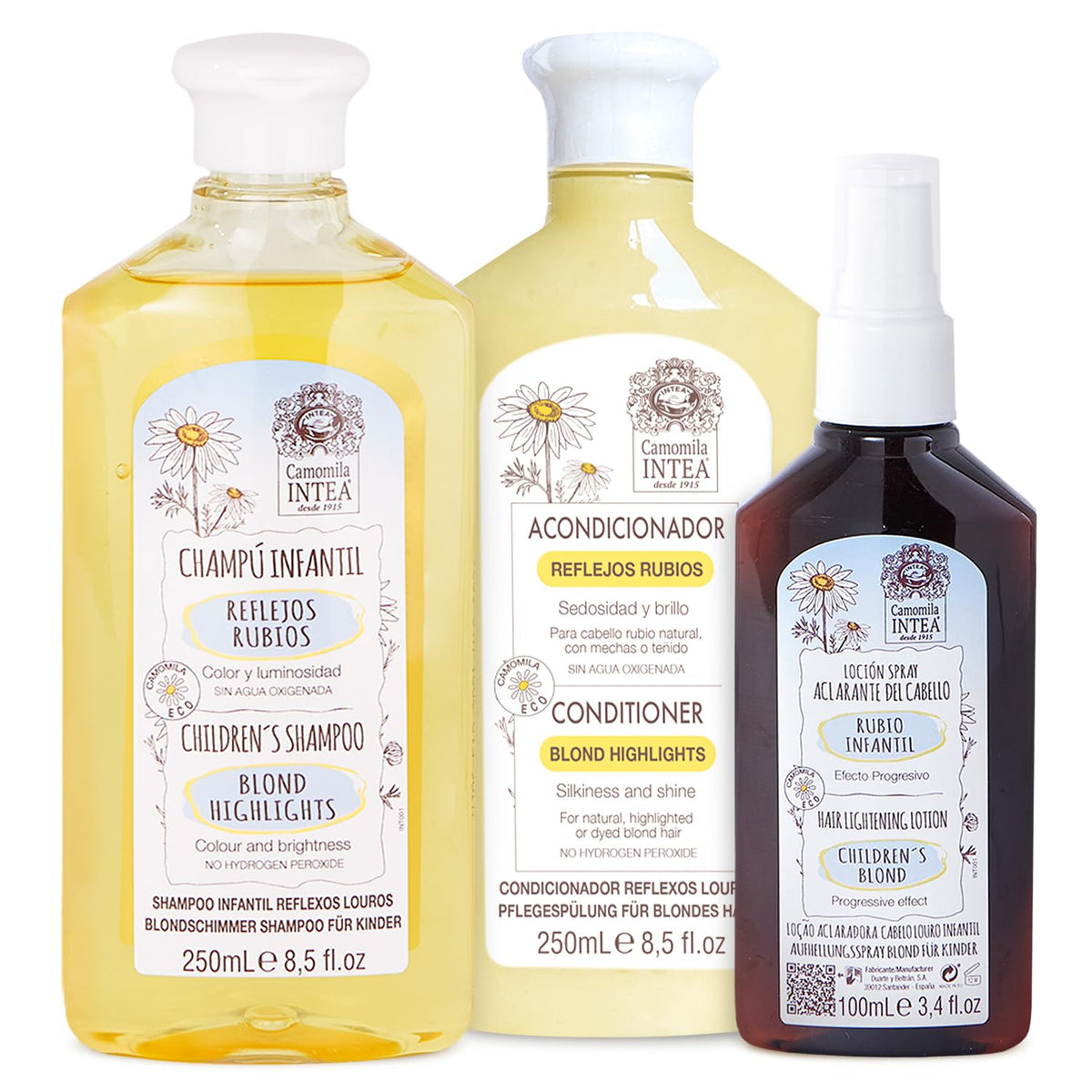 Intea Kids chamomile shampoo bottle for gentle cleansing and lightening support.