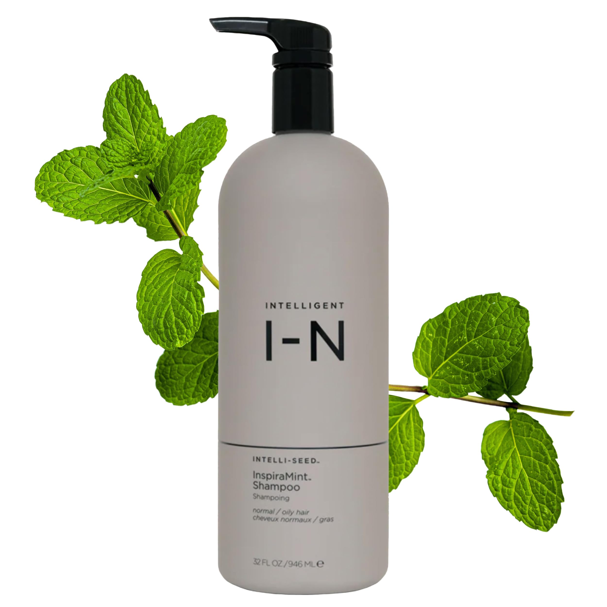Intelligent Nutrients InspiraMint shampoo bottle with mint label, refreshing daily cleanse.