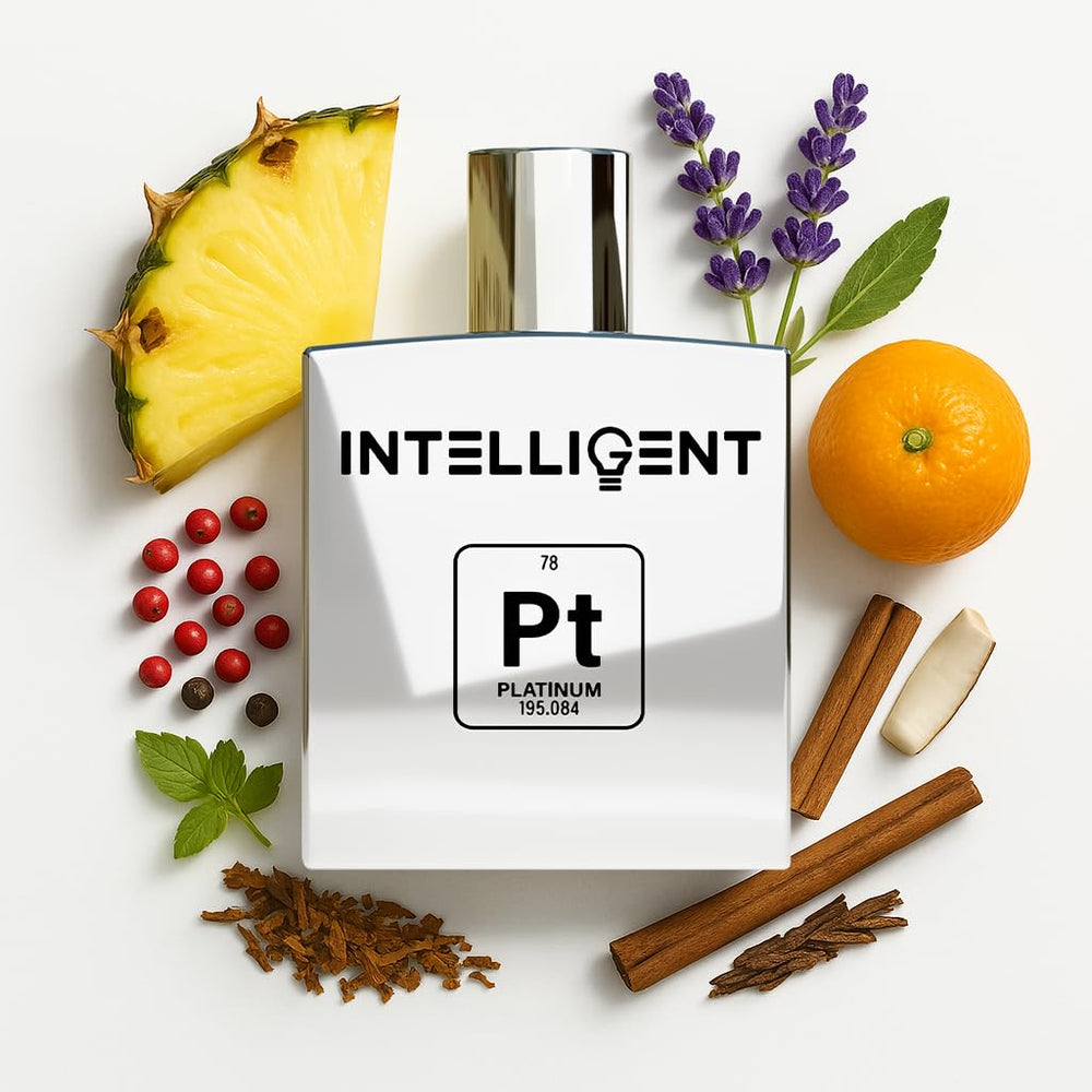 Intelligent Platinum bottle front view, ideal for confident evening wear