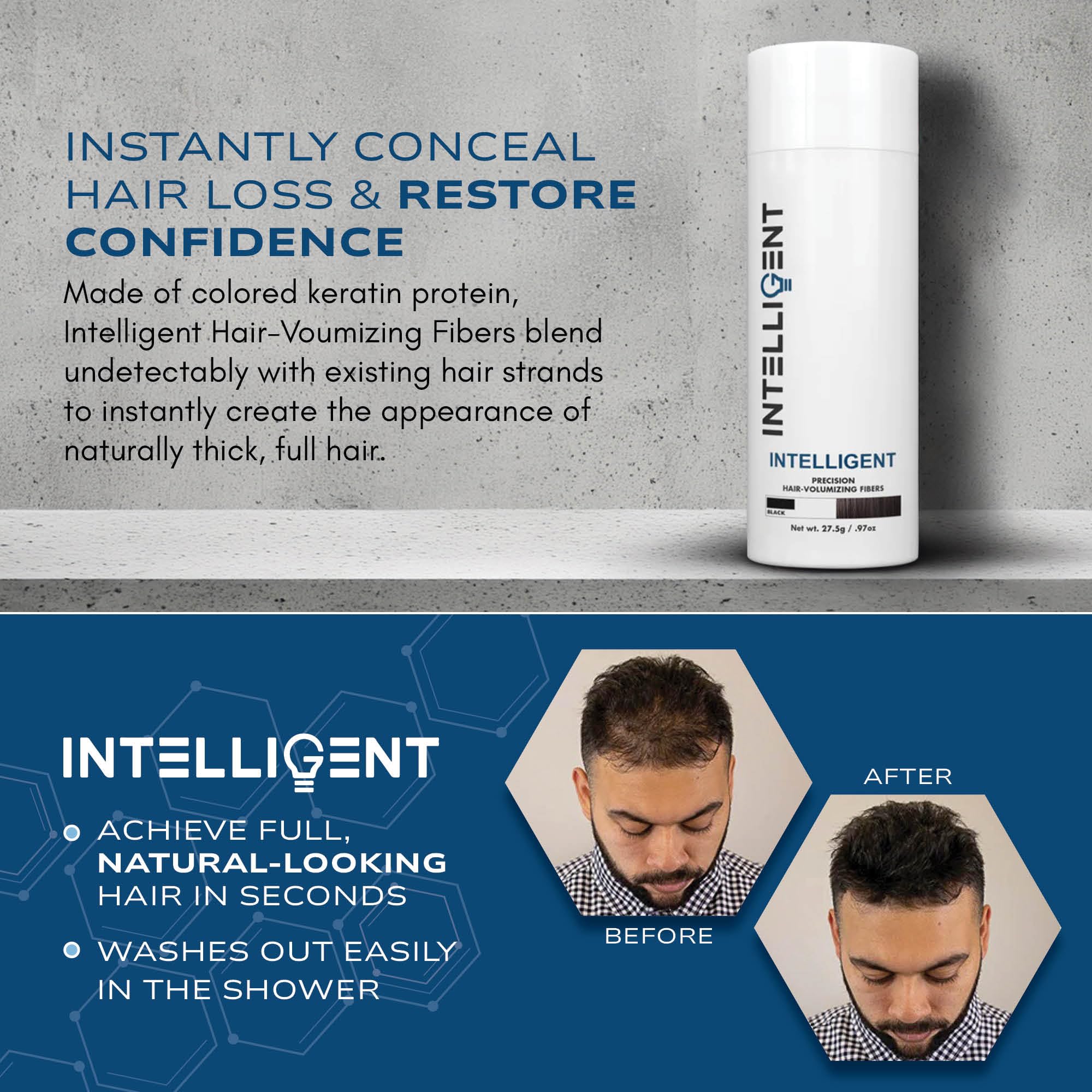 Intelligent Shop Hair Fibers Black dispensing action demonstrates easy, mess-free root touch-up.