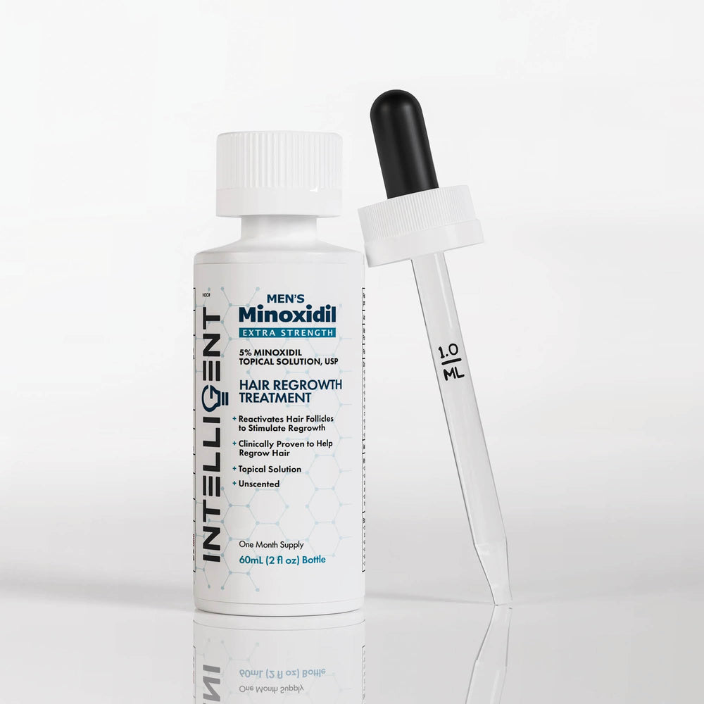 Intelligent Shop Minoxidil bottle with dropper for precise scalp dosing and quick-dry finish.