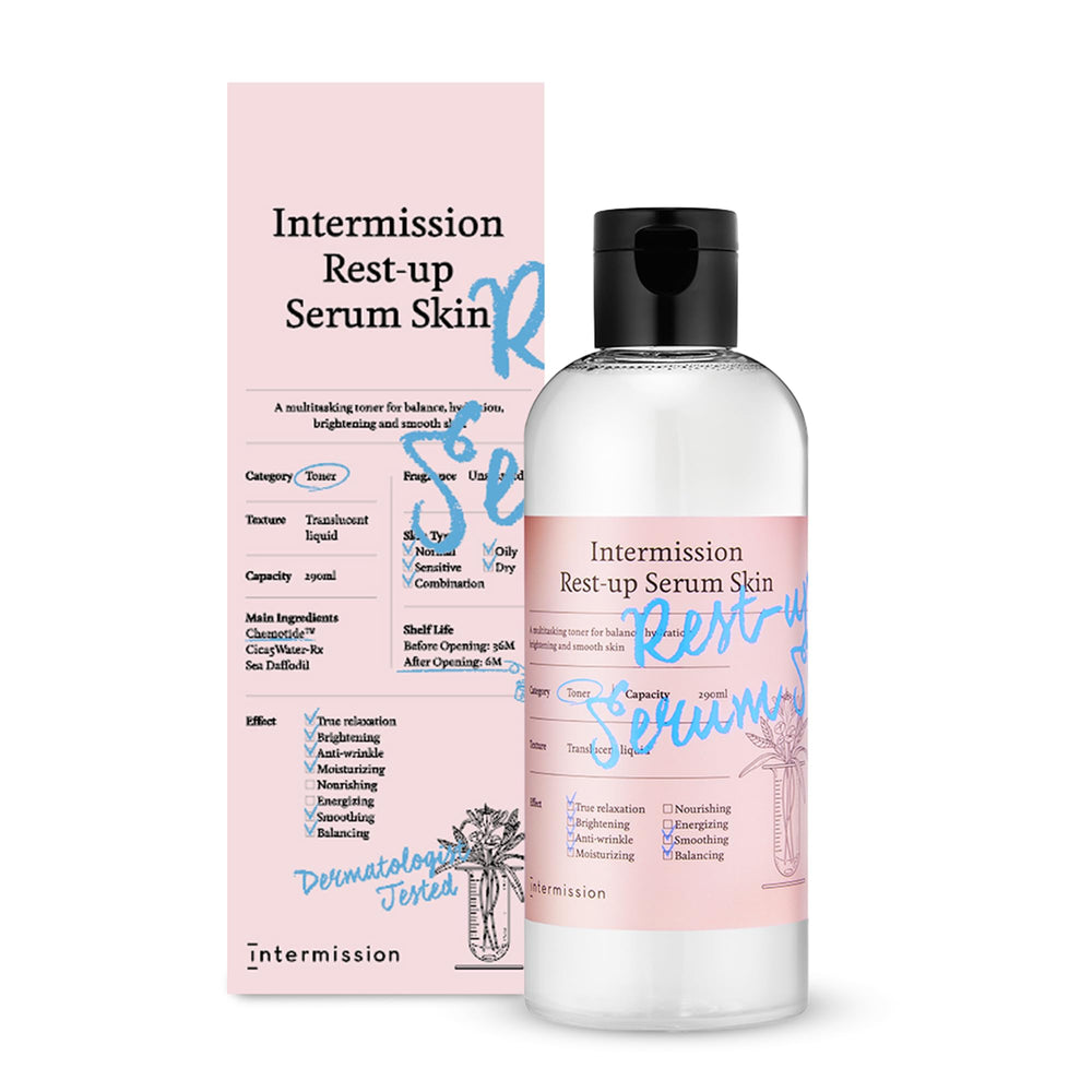 Intermru Intermission Rest-Up Serum bottle for lightweight hydration and soothing daily care.
